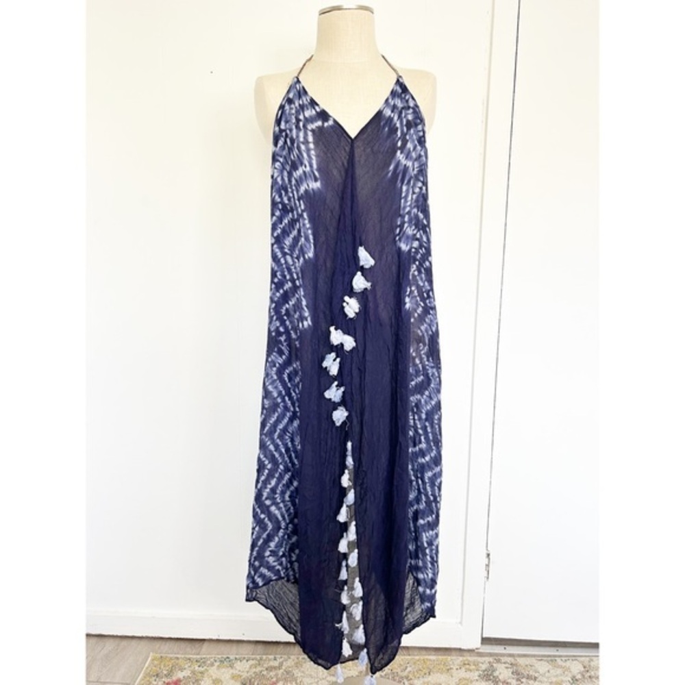 Pool to Party Subtle Luxury Tie Dye Stripe Halter Dress Coverup Navy